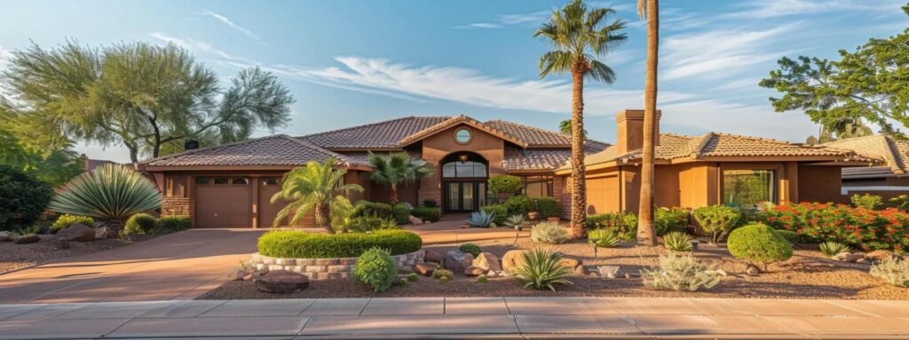 a beautiful, modern home with elegant seamless gutters in rich earth tones complements lush landscaping under soft golden sunlight, enhancing the overall curb appeal and aesthetic harmony.