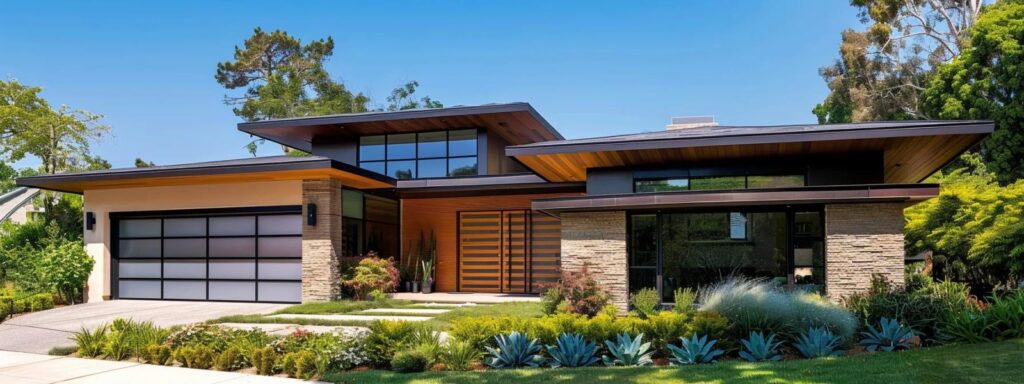 a pristine home showcases sleek seamless gutters glistening under a bright blue sky, emphasizing their low-maintenance design and efficient water flow during a gentle rainfall.