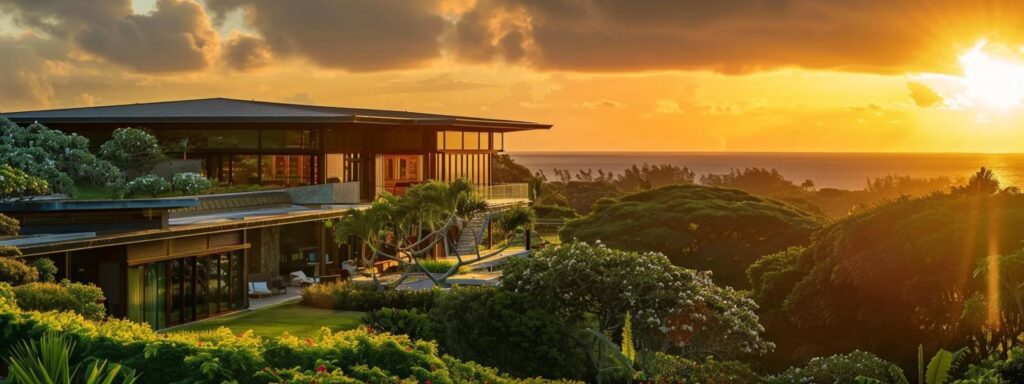 a pristine, modern home adorned with seamless gutters glistens under a golden sunset, surrounded by lush greenery that highlights the harmony of sustainable living and water conservation.