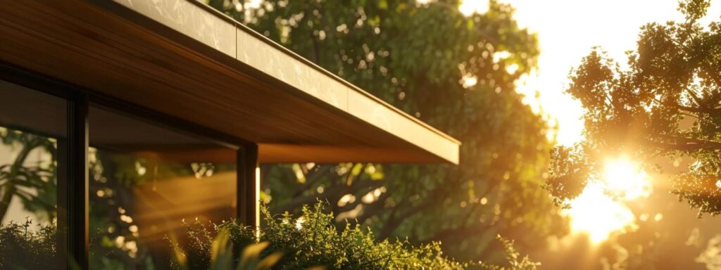 a robust seamless gutter glistens under the sun, seamlessly integrating with a beautiful home, symbolizing strength and durability against the elements.