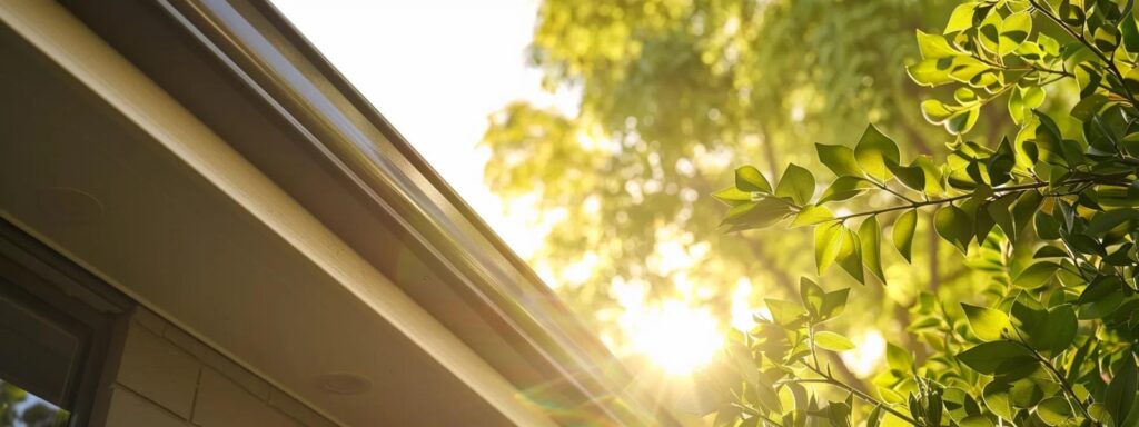 a sleek, modern home features a pristine, seamless gutter system glistening under the warm afternoon sun, surrounded by vibrant greenery that highlights the home's architectural elegance.