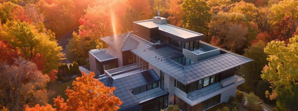 a stunning aerial view of a modern home showcasing sleek, seamless gutters that elegantly enhance the property’s curb appeal against a backdrop of a vibrant autumn landscape, illuminated by soft afternoon sunlight.